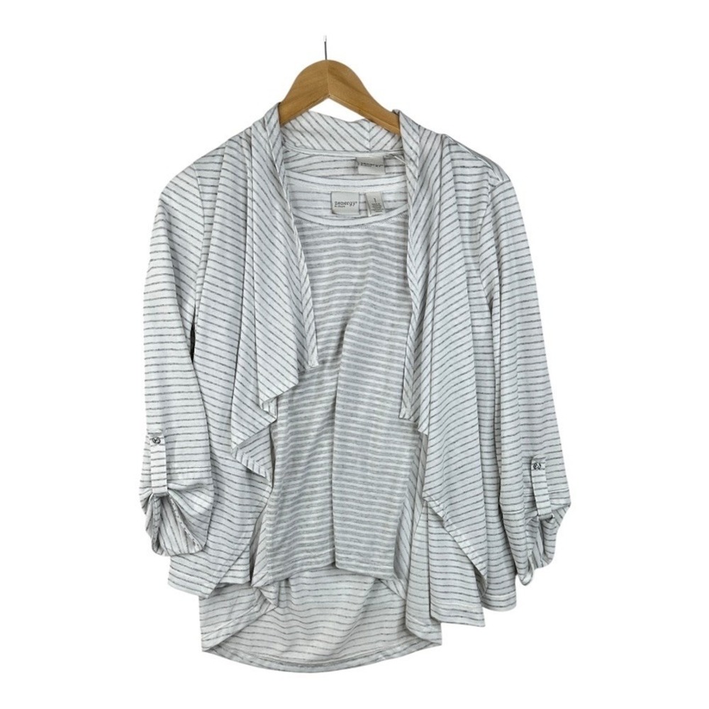 Chicos Zenergy Striped Linen Blend 2 Piece Shirt Cardigan Set size 1 Medium Gray
